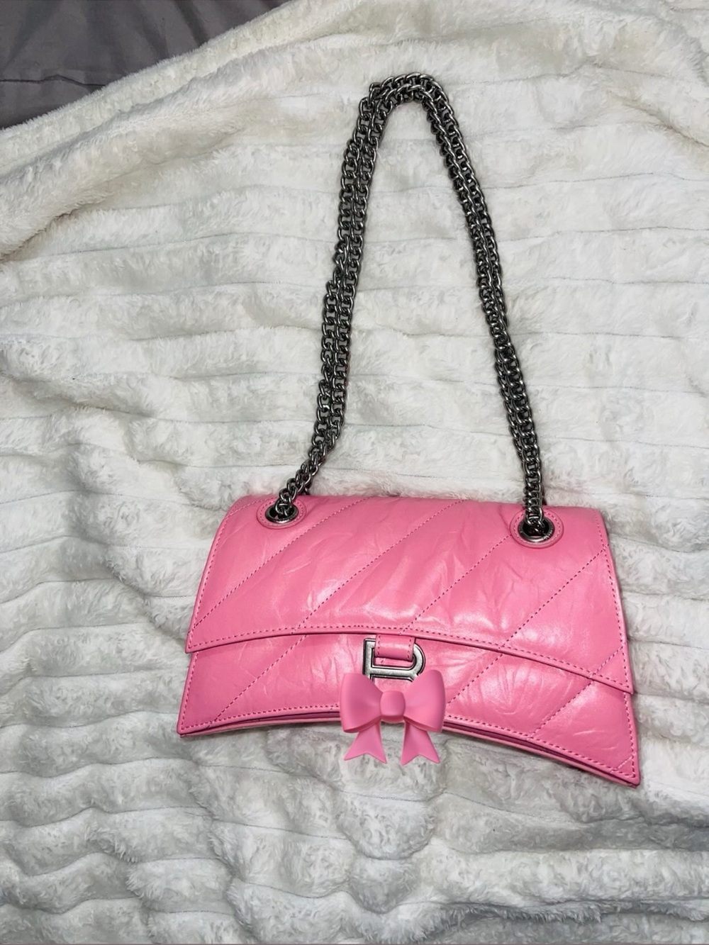 Pink Quilted Chain-Handle Shoulder Bag with Bow Accent